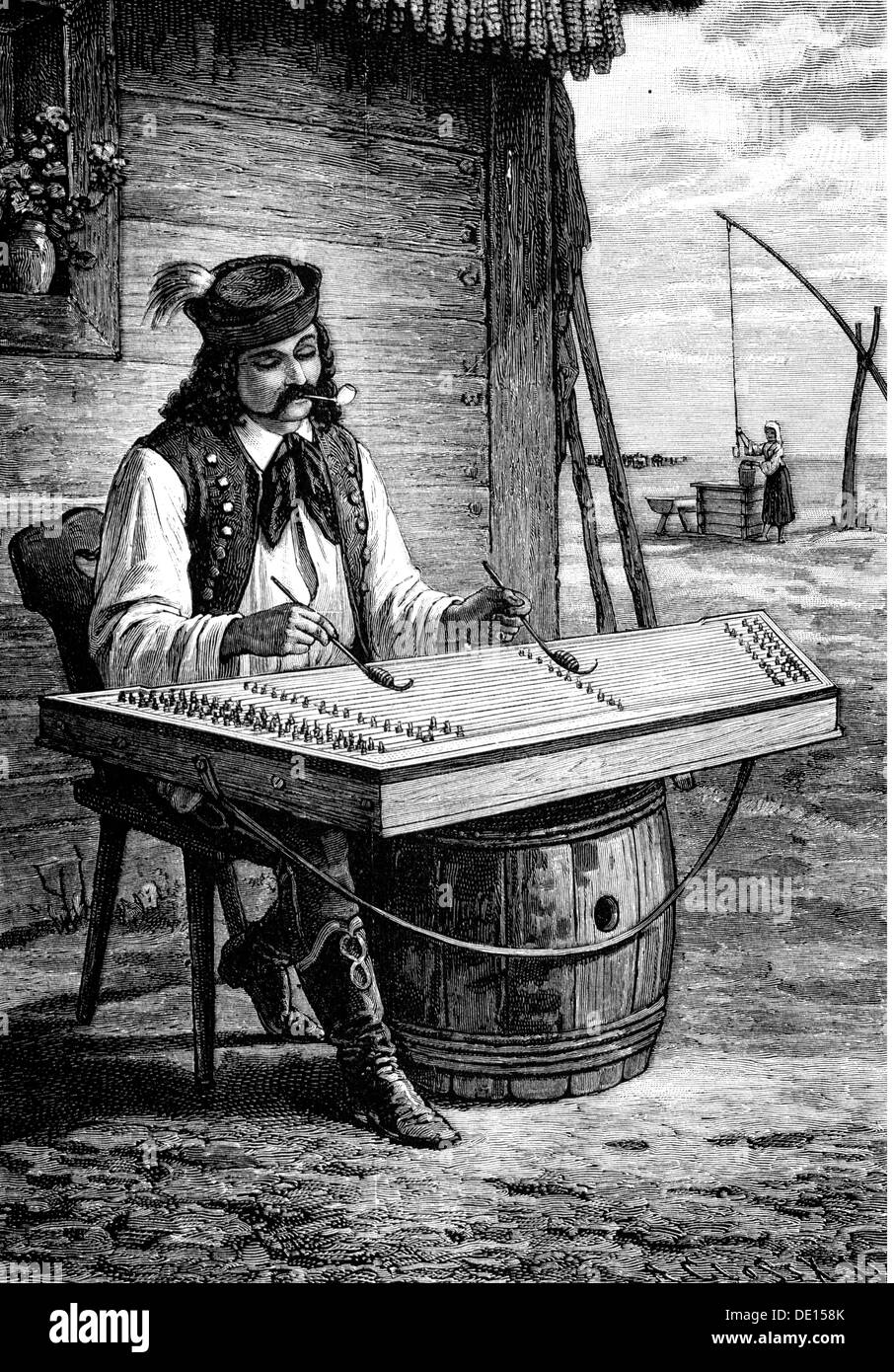 music,musician,Hungarian cimbalom player,wood engraving after drawing by J. G. Fuellhaas,2nd half 19th century,cimbalom,dulcimer,dulcimers,percussion instrument,percussion instruments,musical instrument,musical instruments,chordophone,stringed instrument,string instrument,stringed instruments,string instruments,make music,play music,making music,playing music,makes music,plays music,made music,played music,playing,play,clothes,traditional costume,national costume,dress,traditional costumes,national costumes,dresses,smoking pipe,Additional-Rights-Clearences-Not Available Stock Photo