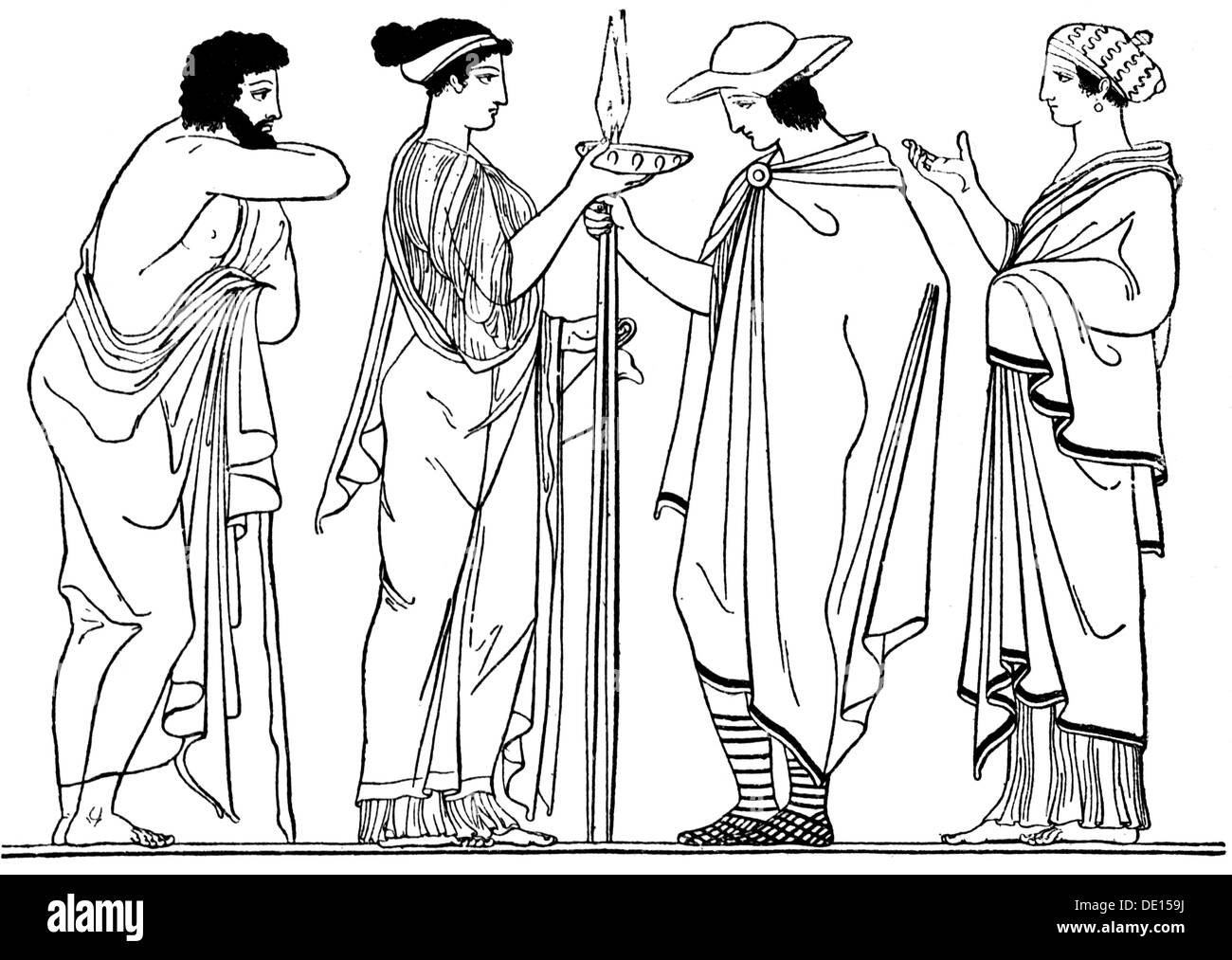 ancient world,Greece,goodbye of an ephebos,after vase painting,wood engraving,19th century,19th century,graphic,graphics,Greek,Grecian,clothes,outfit,outfits,dress,dresses,headpiece,headpieces,hat,hats,cape,capes,weapon,weapons,arms,spear,spears,reach,reaching,hand,handing,bowl,bowls,full length,standing,ladies' fashion,women's clothing,fashion for women,tunic,soldier,soldiers,warrior,warriors,goodbye,goodby,farewell,youngling,younglings,ancient world,ancient times,historic,historical,woman,women,female,man,Additional-Rights-Clearences-Not Available Stock Photo
