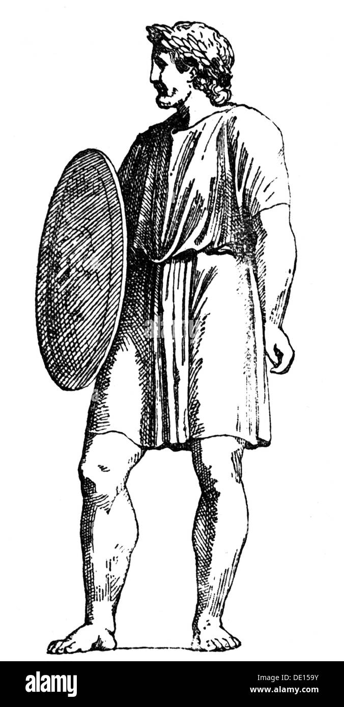 fashion, ancient world, Roman Empire, man in tunic, circa 79 - 81 AD, wood engraving, 19th century, 1st century, 19th century, graphic, graphics, Rome, Roman, clothes, outfit, outfits, dress, dresses, full length, standing, beard, beards, shield, shields, tunic, barefoot, ancient world, ancient times, historic, historical, man, men, male, people, ancient world, Additional-Rights-Clearences-Not Available Stock Photo