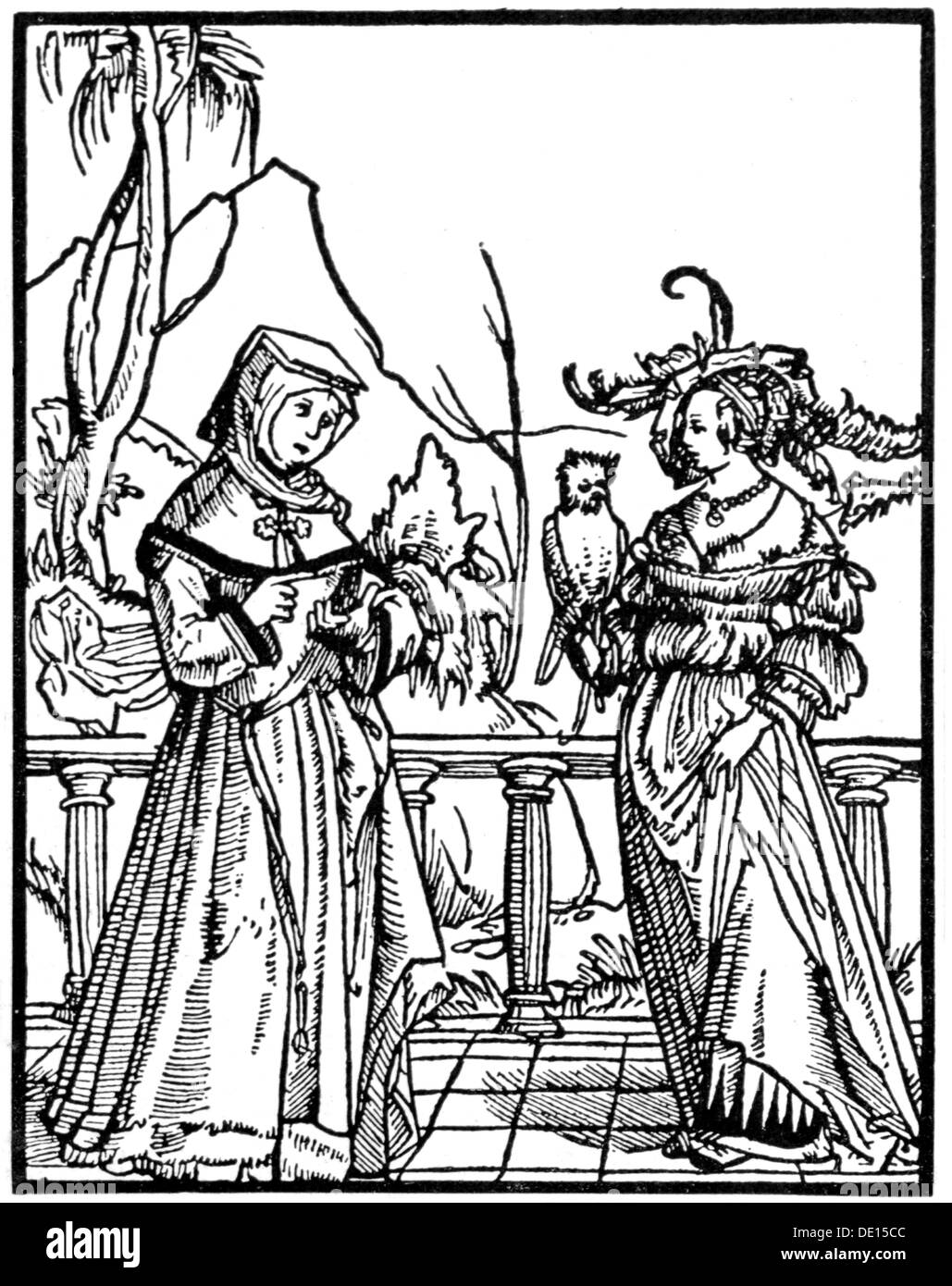 fashion, 16th century, 'Klag wyplicher scham' (Lament on Female Sense of Shame), woodcut, 16th century, Additional-Rights-Clearences-Not Available Stock Photo