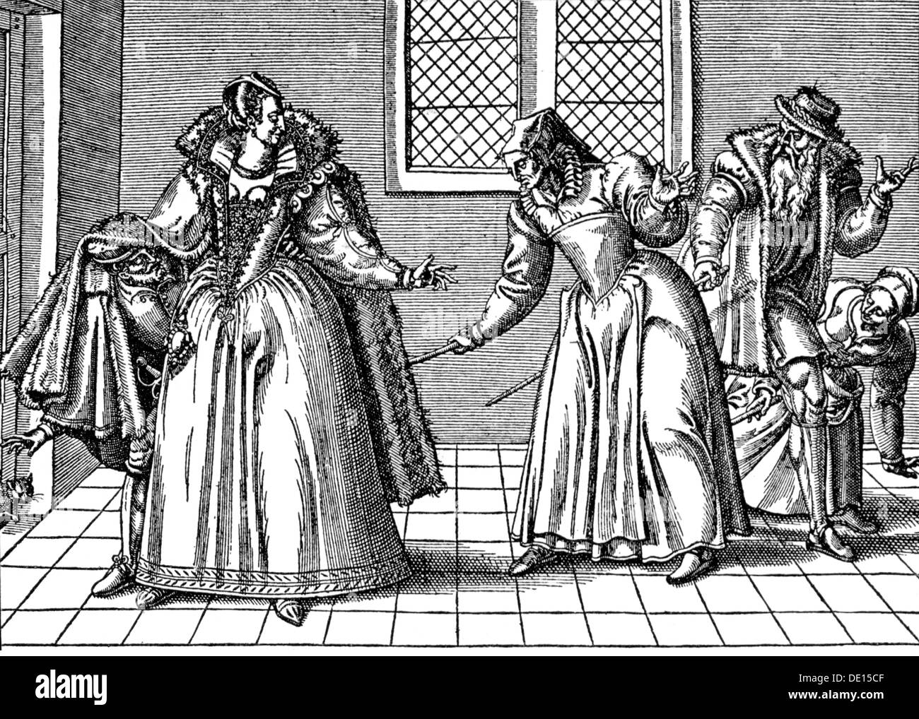 fashion, 16th century, puff skirt, copper engraving, France, 16th century, 16th century, graphic, graphics, caricature, caricatures, humor, humour, satire, clothes, outfit, outfits, ladies' fashion, fashion for women, women's clothing, dress, dresses, skirt, skirts, filler, hip, hips, full length, standing, look at, looking at, watching, watch, historic, historical, woman, women, female, man, men, male, people, Artist's Copyright has not to be cleared Stock Photo