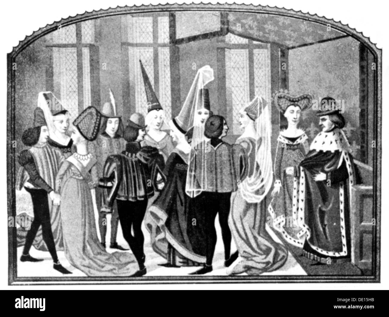 dance, Middle Ages, Gothic dance, miniature, Middle Ages, medieval, mediaeval, Burgundy, Bourgogne, fine arts, art, illuminated manuscript, fashion, clothes, outfit, outfits, headpiece, headpieces, hat, hats, veil, veils, aristocracy, aristocracies, prince, princes, full length, dancing, dance, dances, miniature, miniatures, historic, historical, people, Additional-Rights-Clearences-Not Available Stock Photo