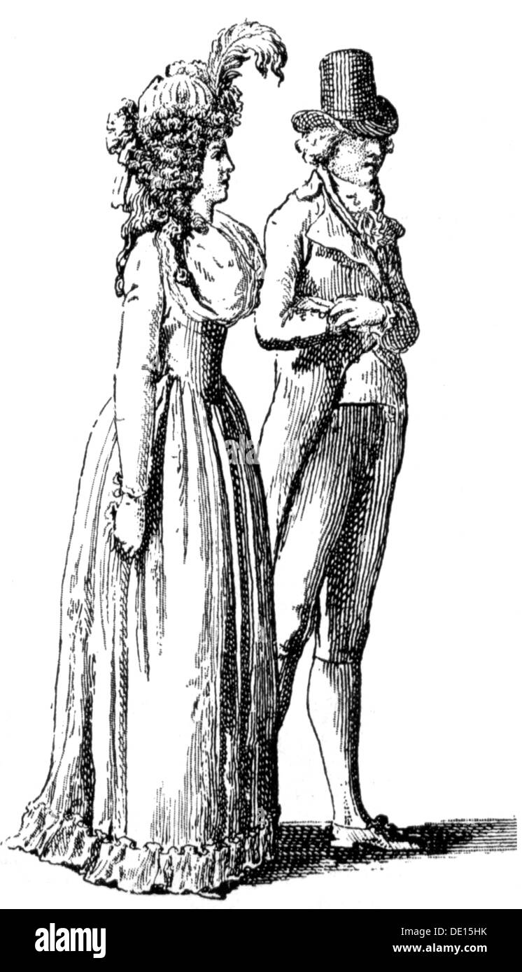 fashion, 18th century, couple dressed in Parisian fashion, copper engraving, out of: 'Göttinger Taschen Calender', Göttingen, 1794, Artist's Copyright has not to be cleared Stock Photo