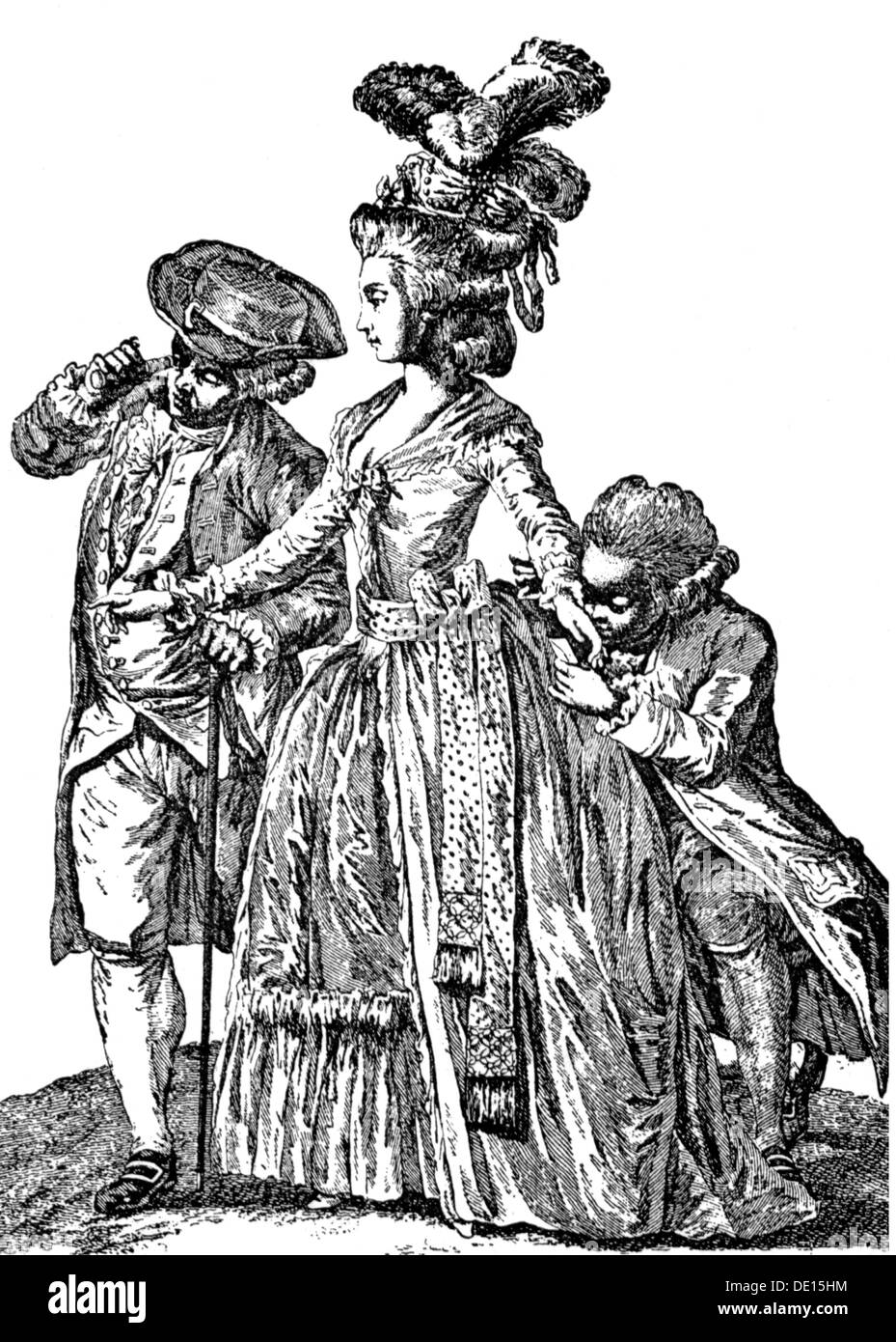 fashion, 18th century, fashionably dressed woman with husband and lover, copper engraving by Le Clerc, France, 1780, Artist's Copyright has not to be cleared Stock Photo