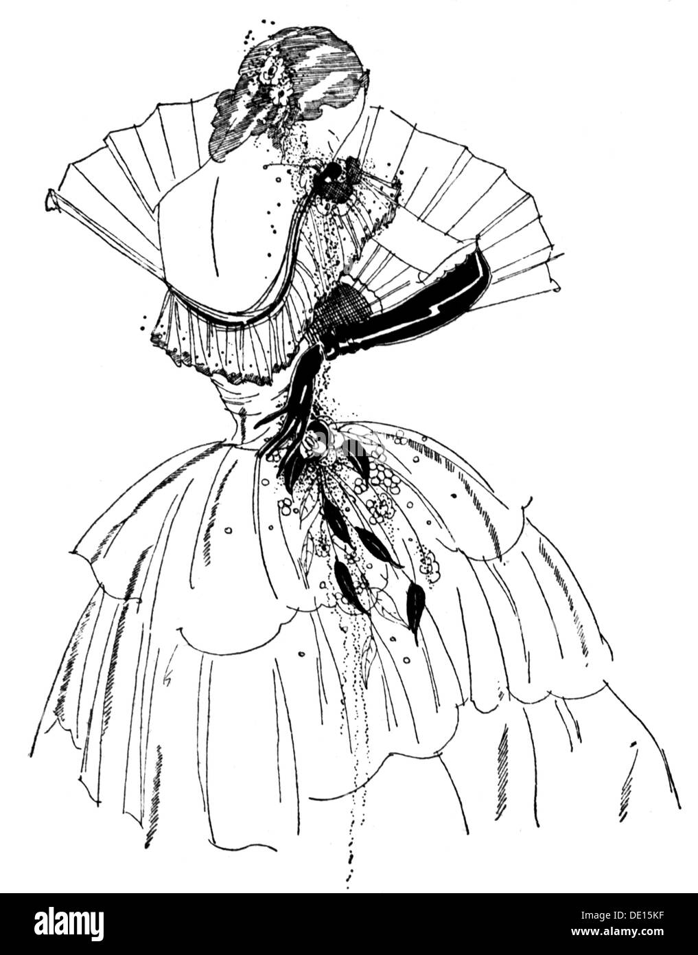 fashion, 19th century, woman in strapless dress, 1859, drawing by Stock