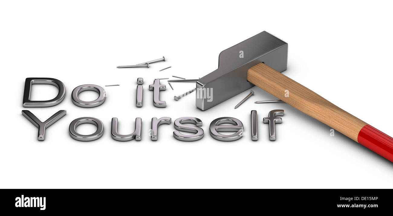 Word Do it yourself written with metal letters, one hammer and some nails over white background. Stock Photo
