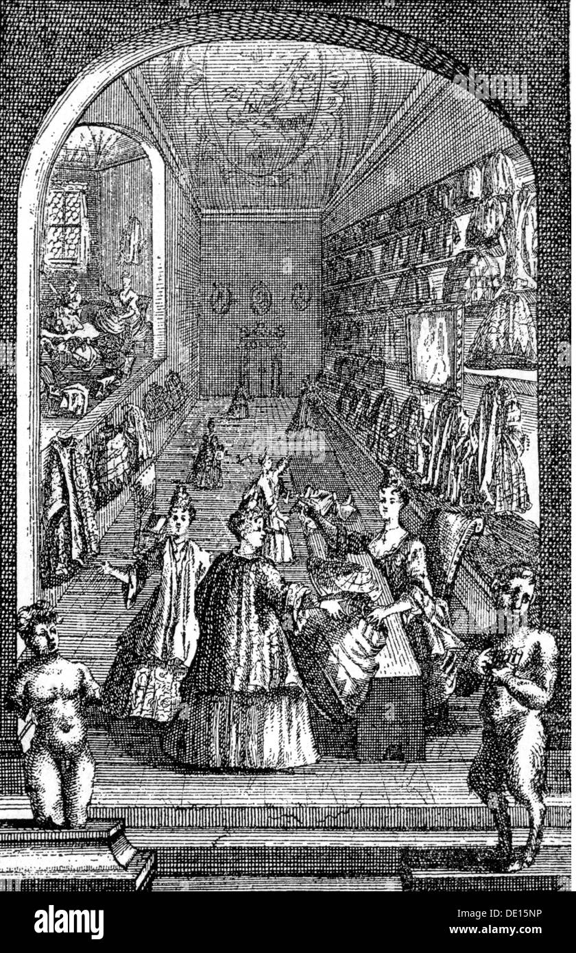 trade, shops, fashion shop, copper engraving, 18th century, 18th century, graphic, graphics, clothes, outfit, outfits, bar, bars, customer, customers, shop assistant, sales assistant, shop clerk, sales clerk, shop assistants, sales assistants, shop clerks, sales clerks, buying, purchase, buy, purchasing, selling, sell, ladies' fashion, pannier, panniers, side hoops, hoop skirt, hoopskirt, hooped skirt, hoop skirts, hoopskirts, hooped skirts, sack-back gown, salesroom, salesrooms, retail store, retail outlet, retail stores, retail outlets, retail trade,, Artist's Copyright has not to be cleared Stock Photo