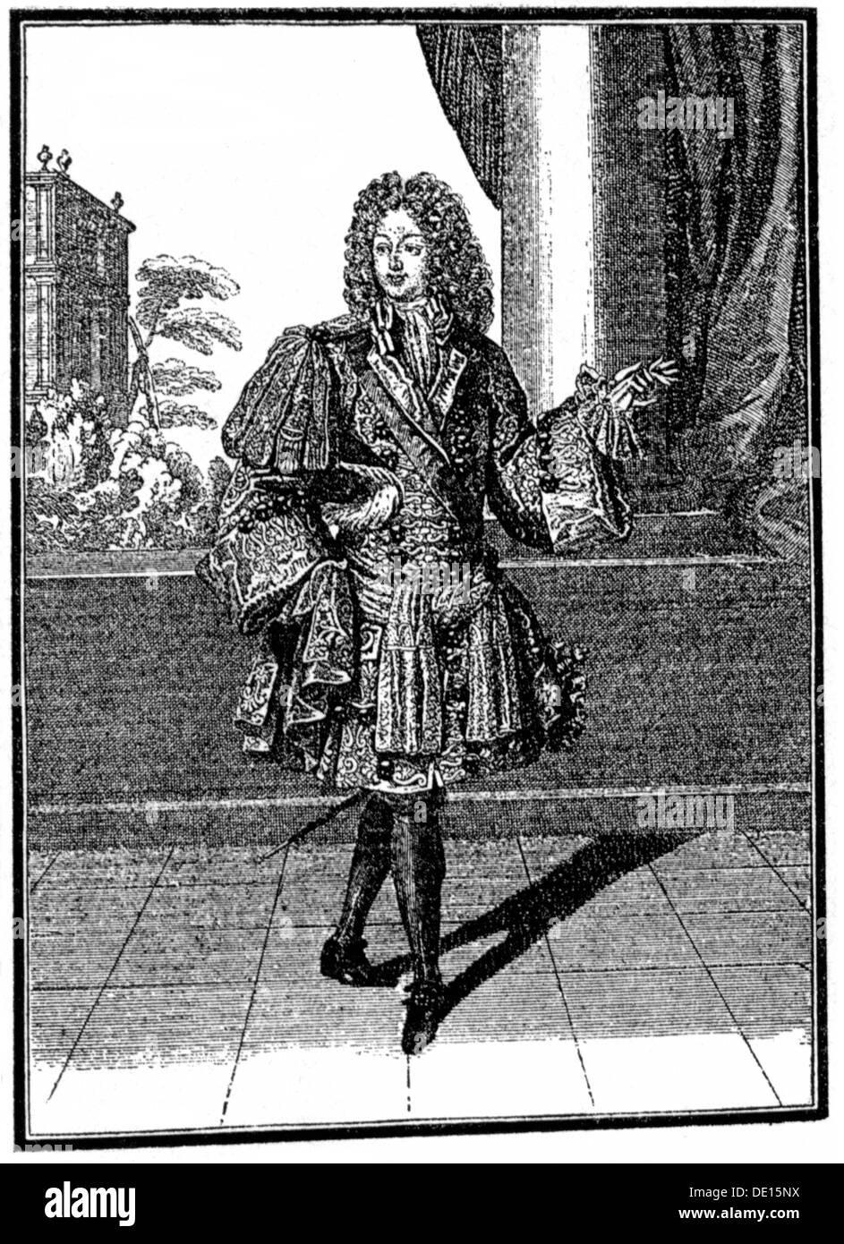 fashion, 17th century, Royal prince in court dress, copper engraving, France, second half 17th century, 17th century, graphic, graphics, baroque, aristocracy, aristocracies, noble, noble man, nobles, noble men, prince, princes, clothes, outfit, outfits, men's fashion, full length, standing, periwig, periwigs, wigs, full-bottomed wig, nobleman, noblemen, aristocrat, aristocrats, historic, historical, man, men, male, people, Artist's Copyright has not to be cleared Stock Photo