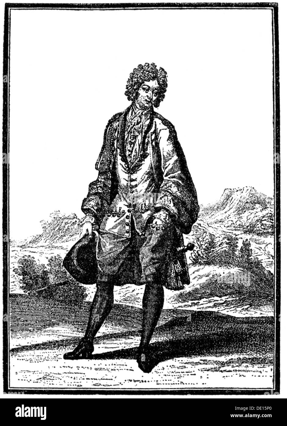 fashion, 17th century, aristocrat in summer clothes, copper engraving, France, second half 17th century, 17th century, graphic, graphics, baroque, aristocracy, aristocracies, noble, noble man, nobles, noble men, outfit, outfits, men's fashion, full length, standing, nobleman, noblemen, aristocrat, aristocrats, jacket, jackets, knee breeches, summer clothes, summer clothing, historic, historical, man, men, male, people, Artist's Copyright has not to be cleared Stock Photo