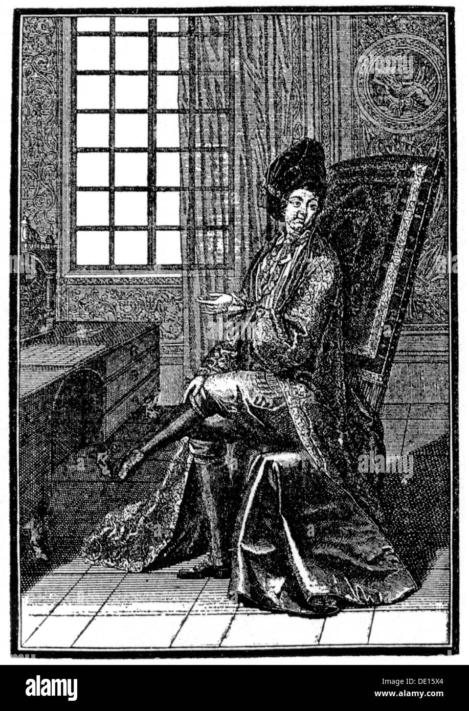 fashion, 17th century, aristocrat in indoor dress, copper engraving, France, second half 17th century, 17th century, graphic, graphics, baroque, aristocracy, aristocracies, noble, noble man, nobles, noble men, clothes, outfit, outfits, men's fashion, nobleman, noblemen, aristocrat, aristocrats, full length, sitting, sit, chair, chairs, headpiece, headpieces, cap, caps, dressing gown, dressing gowns, housecoat, knee breeches, historic, historical, man, men, male, people, Artist's Copyright has not to be cleared Stock Photo