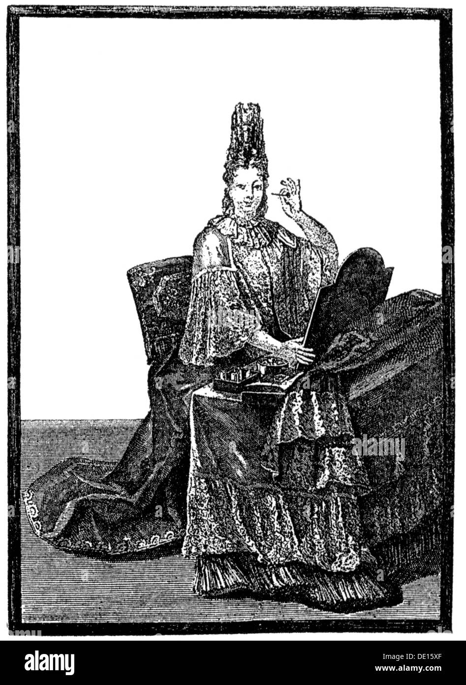 fashion, 17th century, lady-in-waiting at morning toilet, copper engraving, France, second half 17th century, 17th century, graphic, graphics, baroque, aristocracy, aristocracies, noble woman, noble women, nobles, clothes, outfit, outfits, aristocrat, ladies' fashion, full length, sitting, sit, chair, chairs, table, tables, cosmetics, cosmetic, beauty care, beauty, beauties, belle, belles, mirror, mirrors, make oneself up, making oneself up, putting on make-up, made oneself up, put on make-up, painting, paint, fashion for women, women's clothing, lady-, Artist's Copyright has not to be cleared Stock Photo