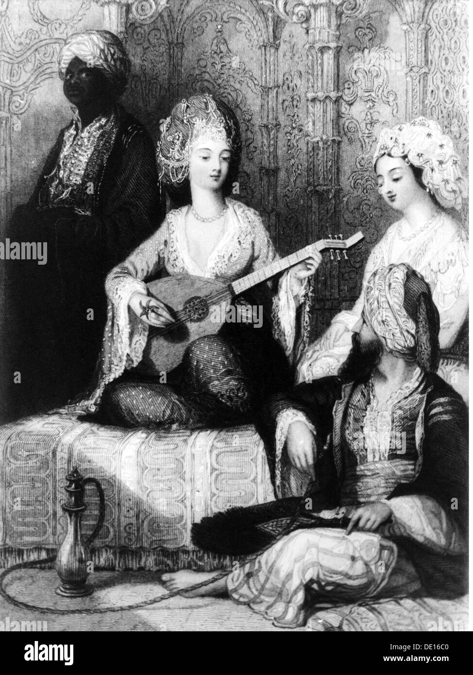 music,musician,mandolin playing lady of the harem,lithograph,early 19th century,serail,seraglio,lady of the harem,odalisque,odalisk,pasha,eunuch,men,man,women,people,East,Orient,Islamic district,make music,play music,making music,playing music,makes music,plays music,made music,played music,stringed instrument,string instrument,stringed instruments,string instruments,plucked instrument,plucked instruments,musical instrument,instrument,musical instruments,instruments,hookah,hookahs,mandolin,mandolins,playing,play,histor,Additional-Rights-Clearences-Not Available Stock Photo