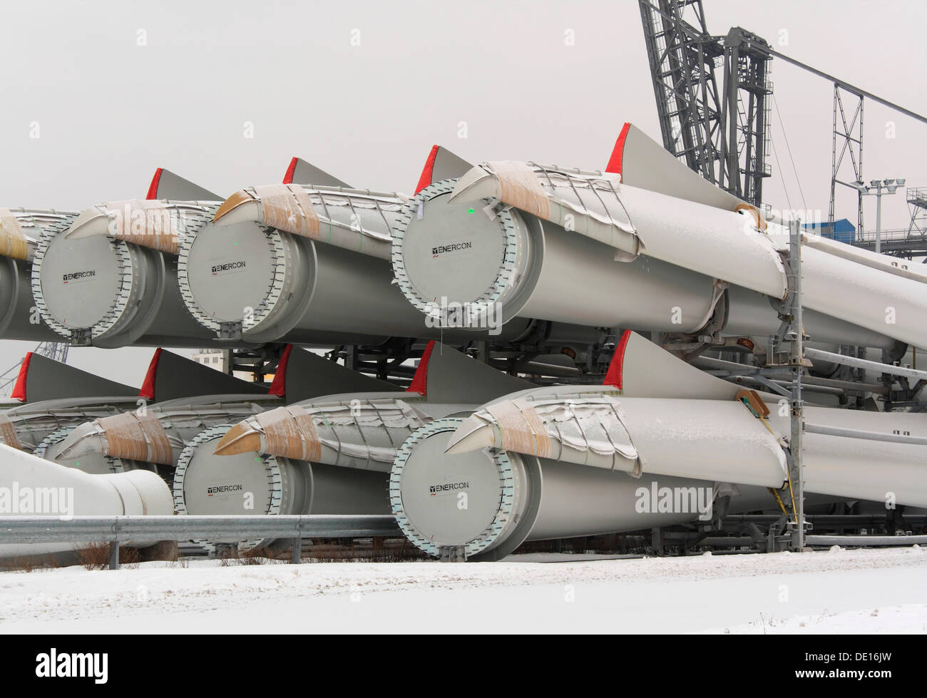 Stacked rotor blades ready to transport, for wind turbines, new inland port, Emden, East Frisia, Lower Saxony Stock Photo