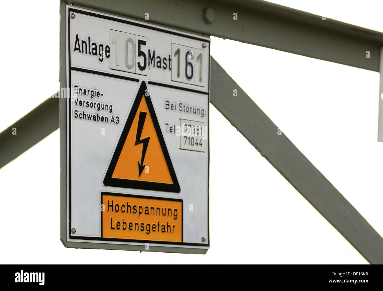 Sign on an electricity pylon, Hohenlohe, Baden-Wuerttemberg Stock Photo