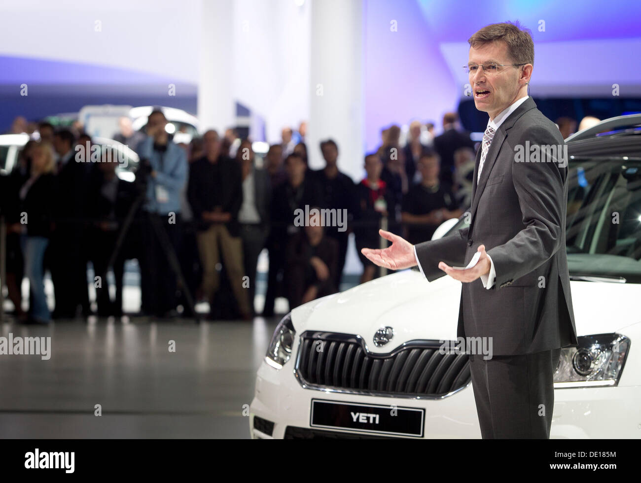 Frankfurt, Germany. 9th Sep, 2013. Frank Welsch, Skoda Auto board member responsible for technical development,  presents in world premiere completely redesigned SUV Skoda Yeti during 65th IAA International Motor Show in Frankfurt/Main, on Tuesday, September 10th, 2013. (CTK Photo/Petr Mlch) Stock Photo