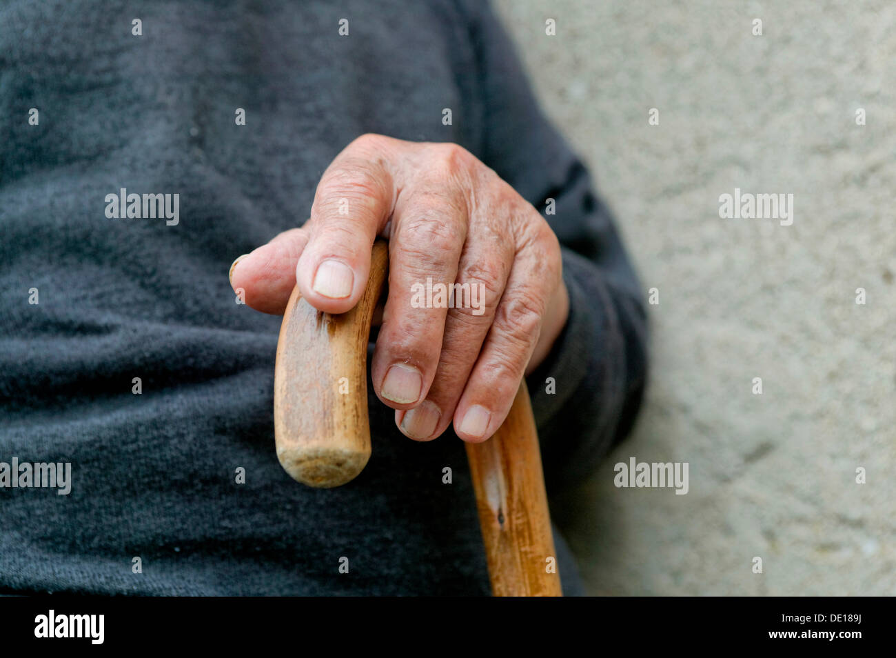 Old person's hand resting on a cane, Aspromonte National Park, Italy, Europe Stock Photo