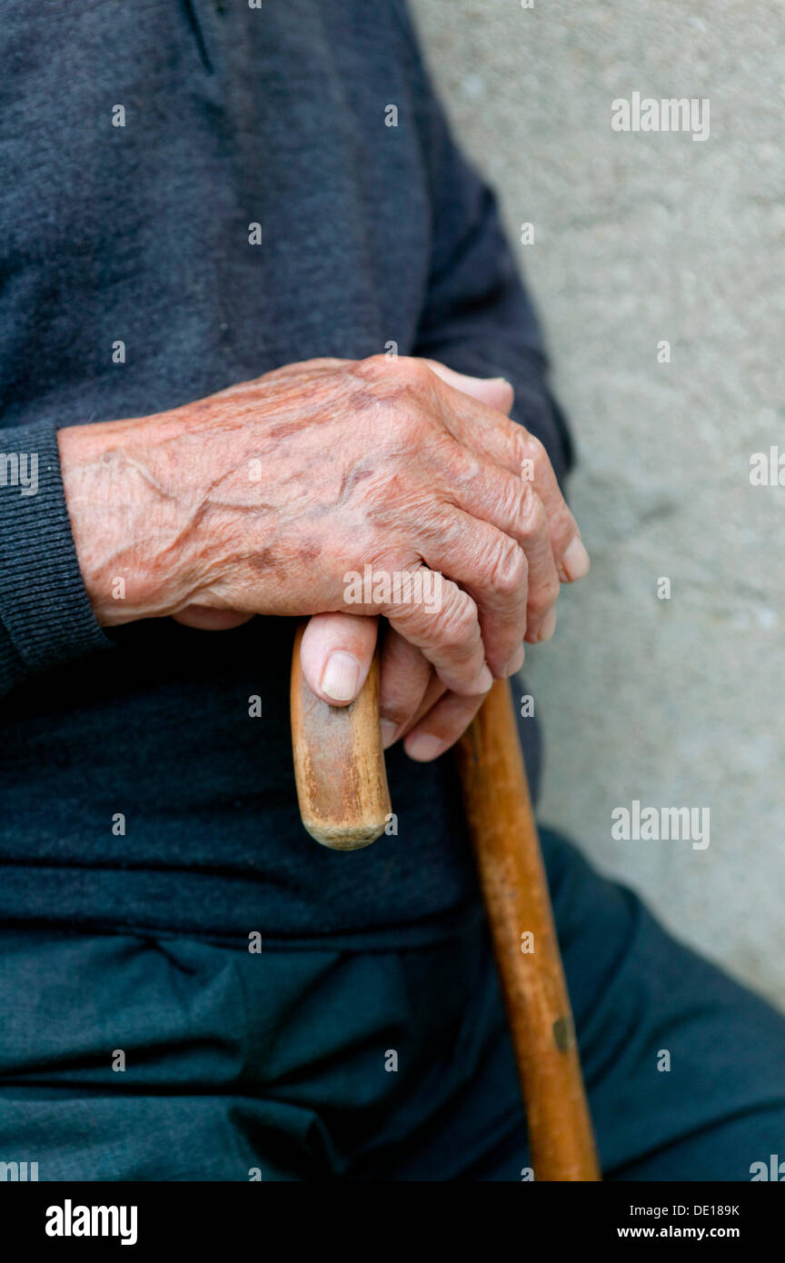 Old person's hands resting on a cane, Aspromonte National Park, Italy, Europe Stock Photo