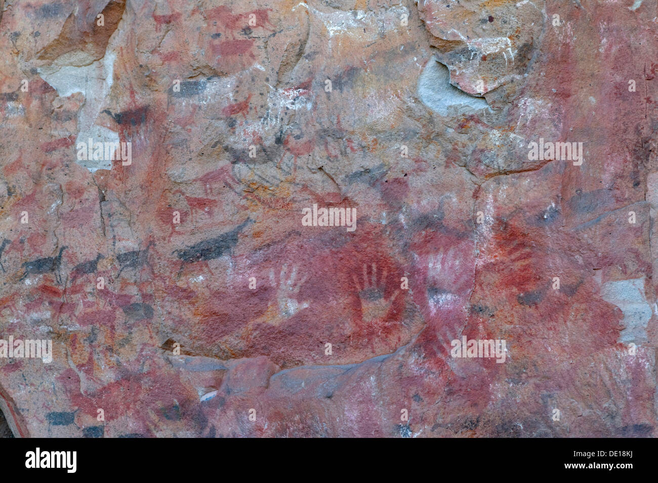 Rock painting of the Cueva de Las Manos, Cave of the Hands, UNESCO World Heritage Centre, Santa Cruz province, Argentina Stock Photo
