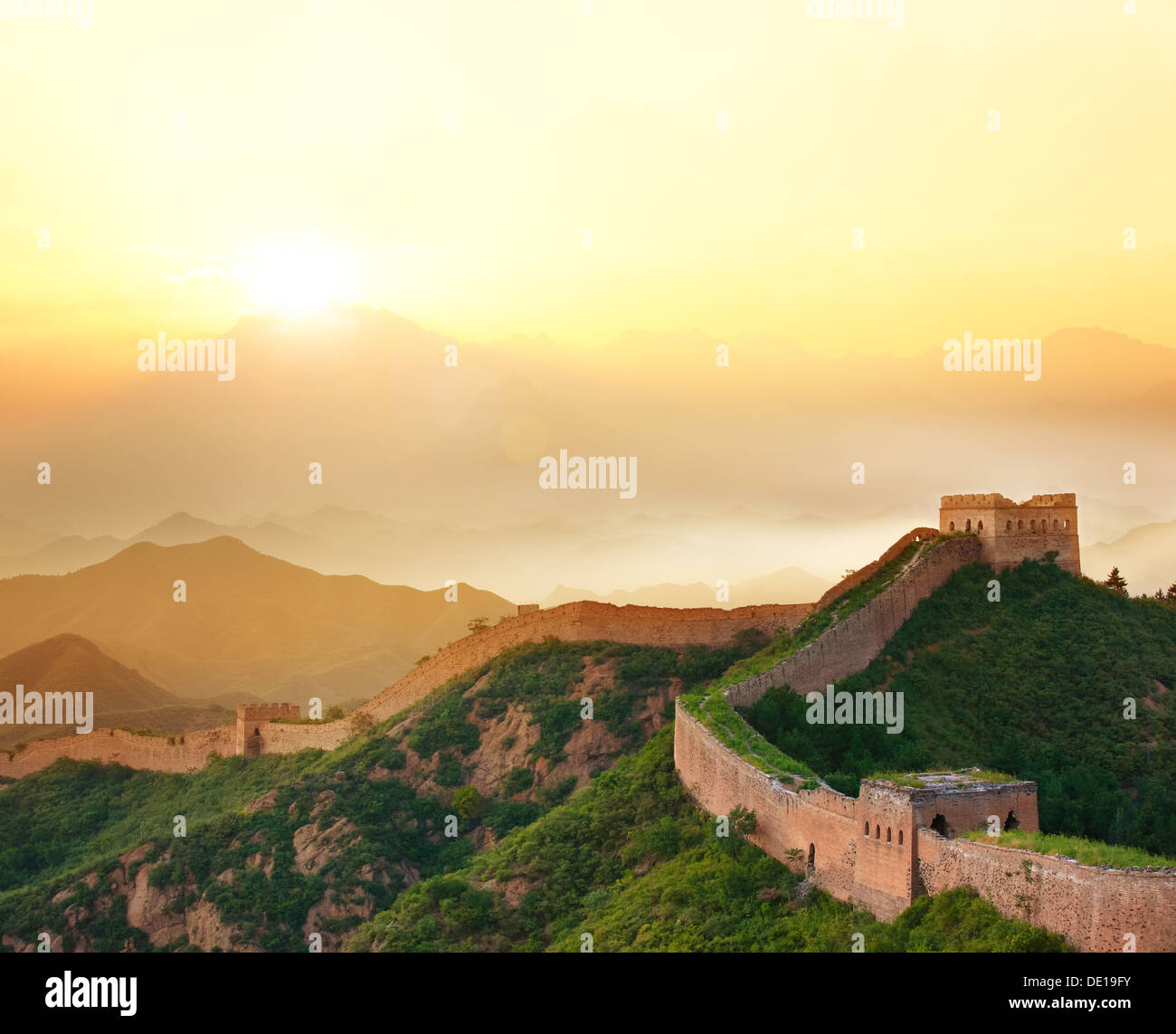 Great Wall of China at Sunrise. Stock Photo