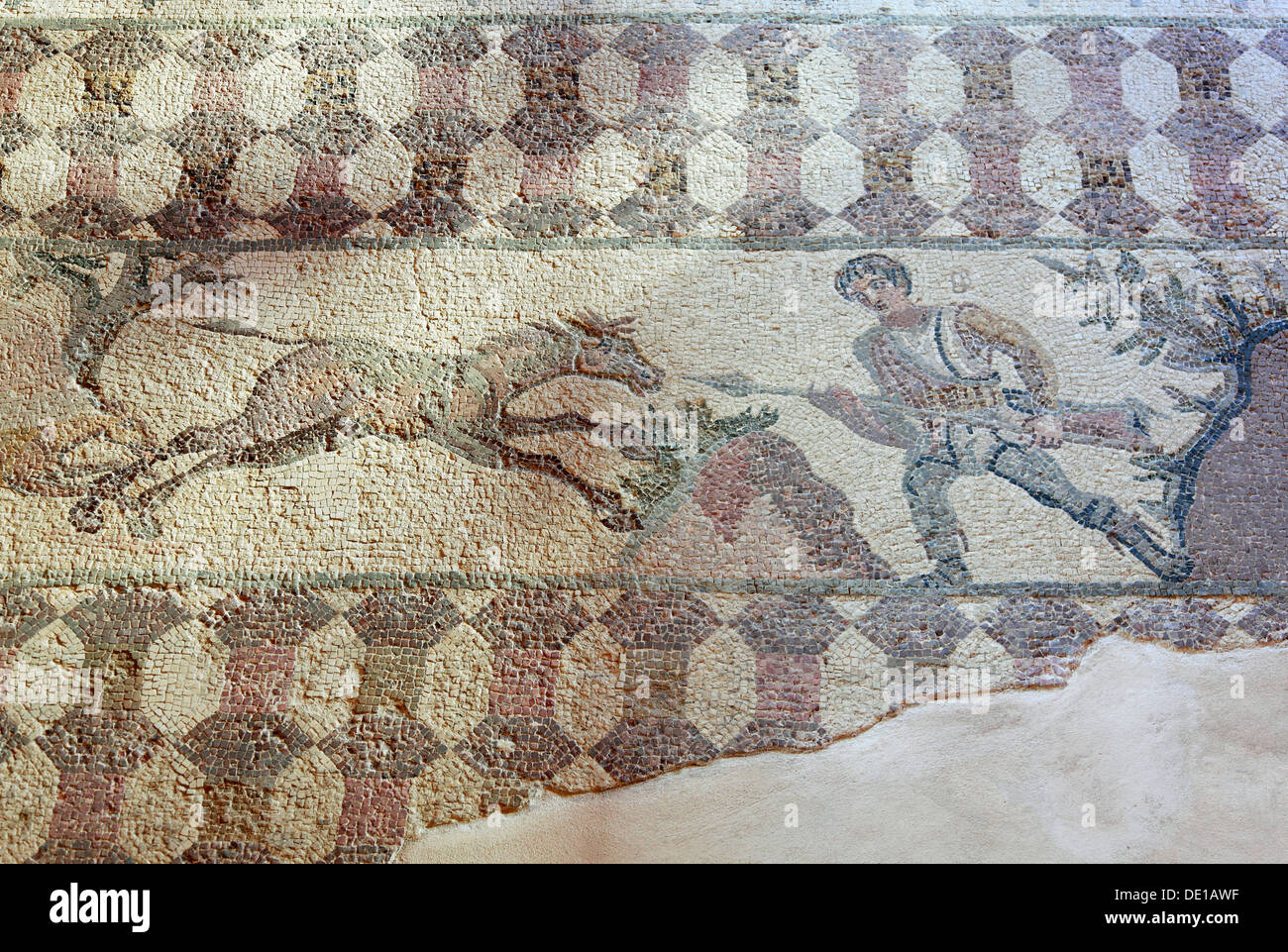 Cyprus, Pafos town, Gazibaf, site of the ancient ruins, archaeological park, mosaic in the House of Dionysos, Hunting scene Stock Photo