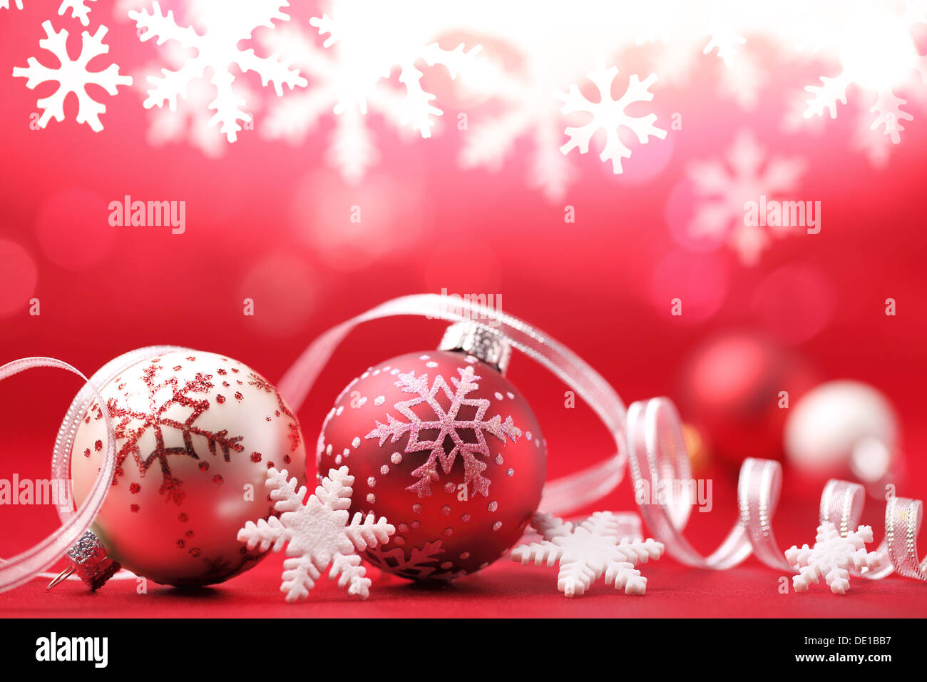 Red Christmas bauble,snowflake and ribbon,Christmas decoration. Stock Photo
