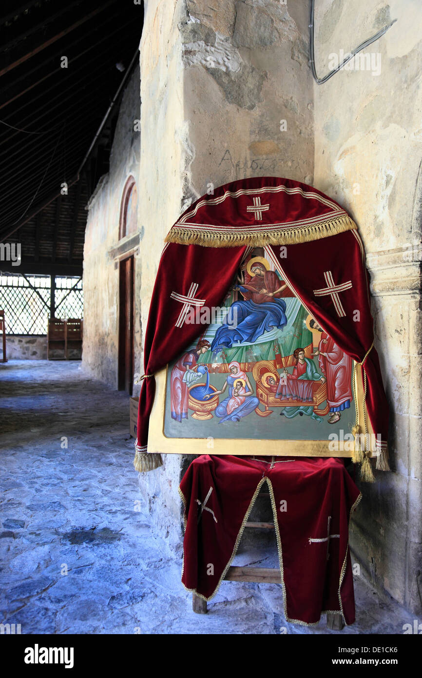 Cyprus, the Pitsylia region, Troodos Mountains, Lagoudera, barn roof church, church Moni Panagia tou Arakas, Panagia tou-Arakou Stock Photo