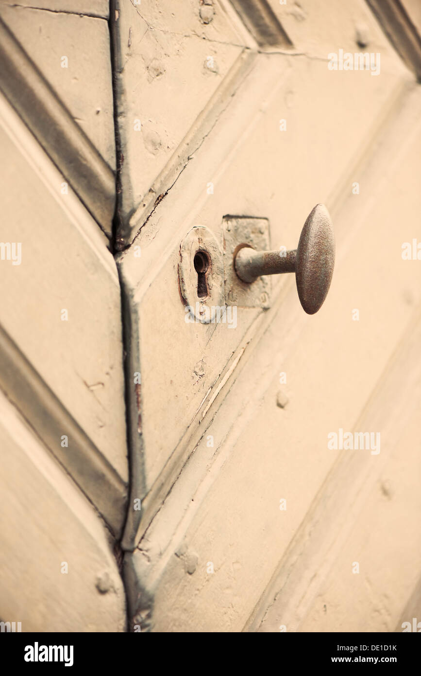 Closeup of old weathered wooden door in Stockholm, Sweden Stock Photo
