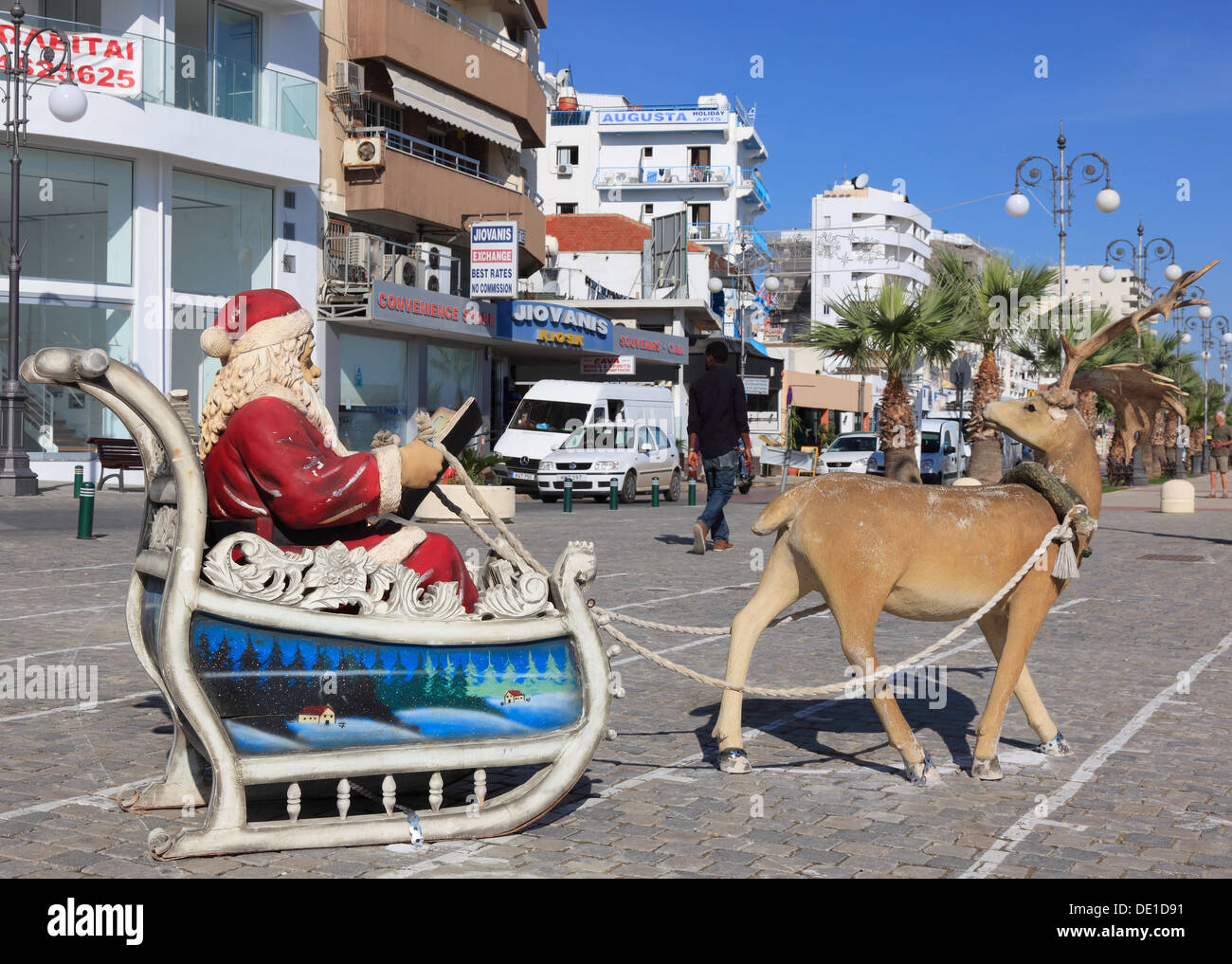 Cyprus, Larnaca, center, Christmas decoration, Santa Claus with sleigh and reindeer Stock Photo