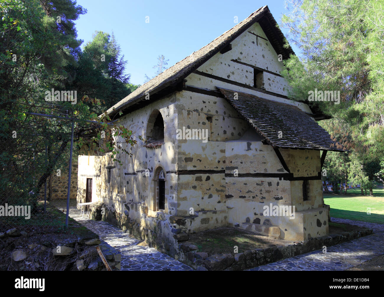 Cyprus, barn roof churches in the Troodos Mountains in Cyprus, Cypriot Orthodox churches, place Kakopetria Church Nicholas at ti Stock Photo