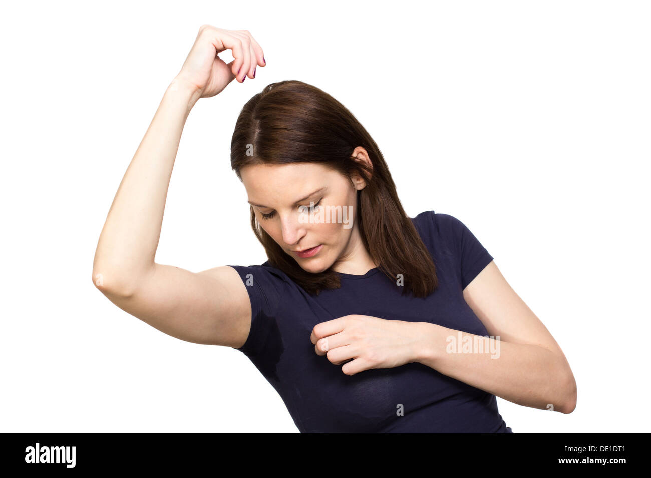 Woman sweating very badly under armpit Stock Photo Alamy