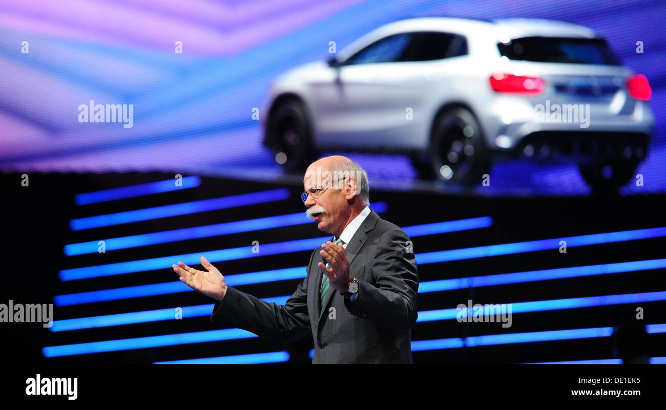 Frankfurt, Germany. 10th Sep, 2013. Chairman of Daimler AG, Dieter Zetsche (L), presents the new GLA Class at the exhibition booth of Mercedes-Benz during the press day of the Frankfurt Motor Show (IAA) in Frankfurt, Germany, 10 September 2013. One of the most important car exhibitions in the world, Frankfurt Motor Show will be opened officially 12 September by German Chancellor Angela Merkel, running until 22 September 2013. Photo: DANIEL REINHARDT/dpa/Alamy Live News Stock Photo