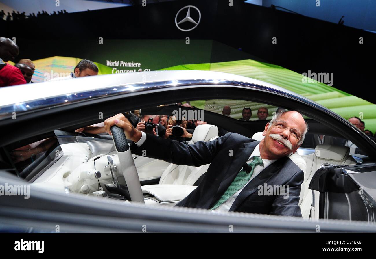 Frankfurt, Germany. 10th Sep, 2013. Chairman of Daimler AG, Dieter Zetsche, sits in a Concept S-Class Coupe at the exhibition booth of Mercedes-Benz during the press day of the Frankfurt Motor Show (IAA) in Frankfurt, Germany, 10 September 2013. One of the most important car exhibitions in the world, Frankfurt Motor Show will be opened officially 12 September by German Chancellor Angela Merkel, running until 22 September 2013. Photo: DANIEL REINHARDT/dpa/Alamy Live News Stock Photo