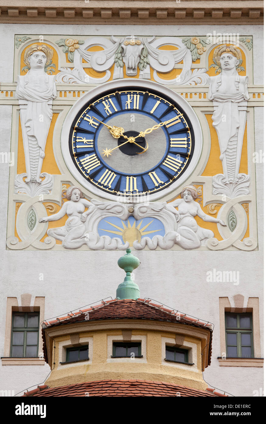 geography / travel, Germany, Bavaria, Munich, Mueller'sche Volksbad public bath, tower clock and relief, Additional-Rights-Clearance-Info-Not-Available Stock Photo