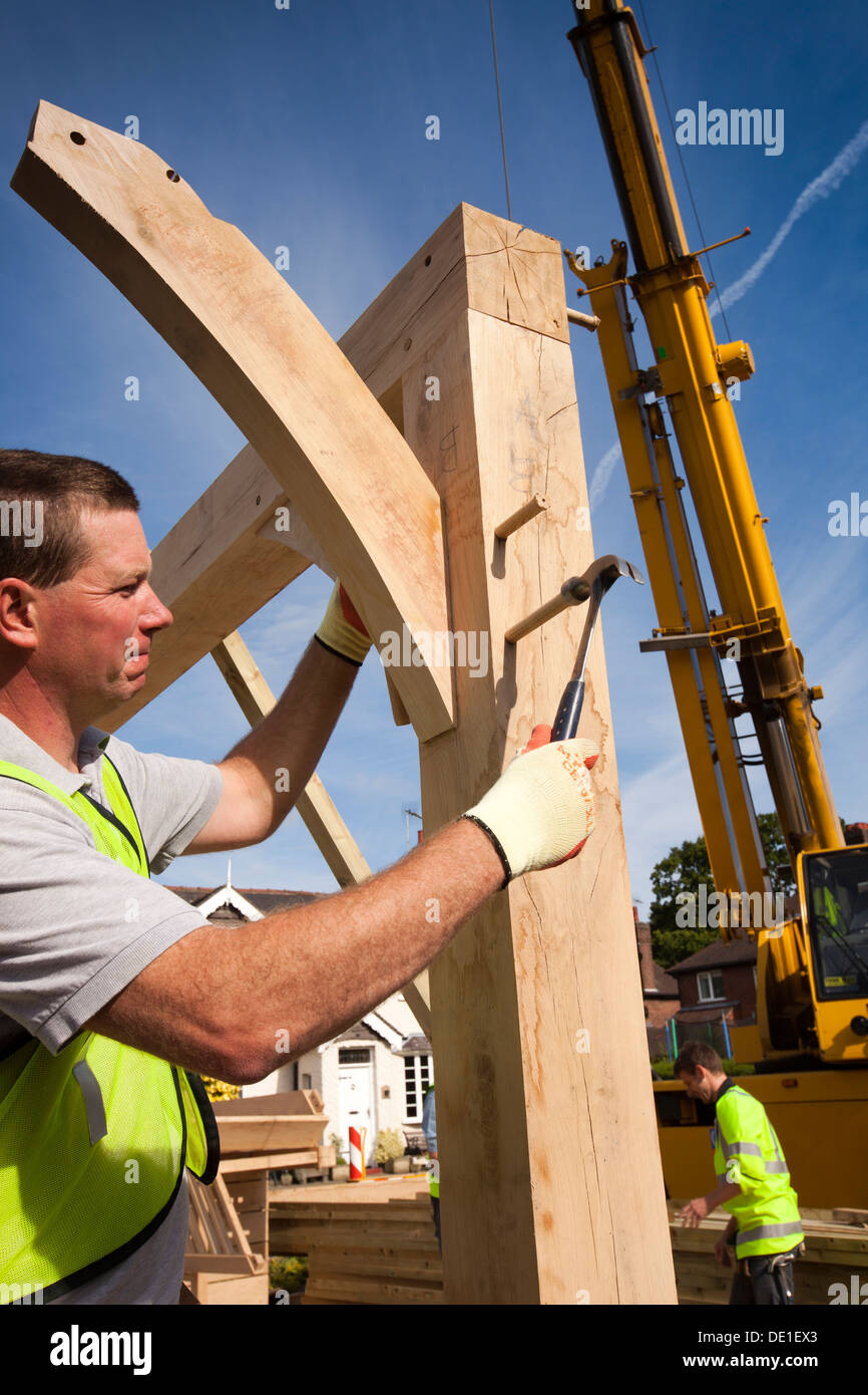 self building house, constructing green oak timber framed garage Stock
