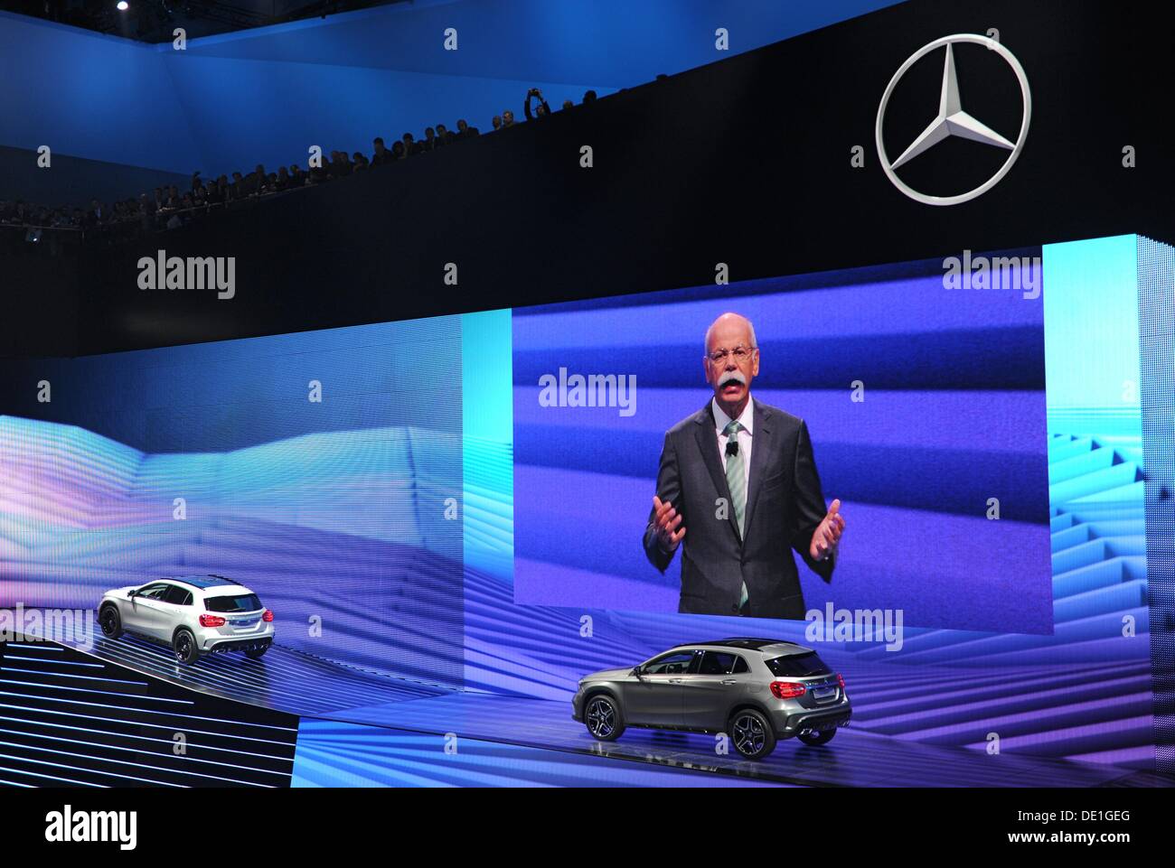 Frankfurt, Germany. 10th Sep, 2013. Chairman Dieter Zetsche presents the new GLA Class at the Mercedes Benz stand during the press day of the Frankfurt Motor Show IAA in Frankfurt, Germany, 10 September 2013. One of the most important car exhibitions in the world, Frankfurt Motor Show will be opened officially 12 September by German Chancellor Angela Merkel, running until 22 September 2013. Photo: UWE ZUCCHI/dpa/Alamy Live News/dpa/Alamy Live News Stock Photo