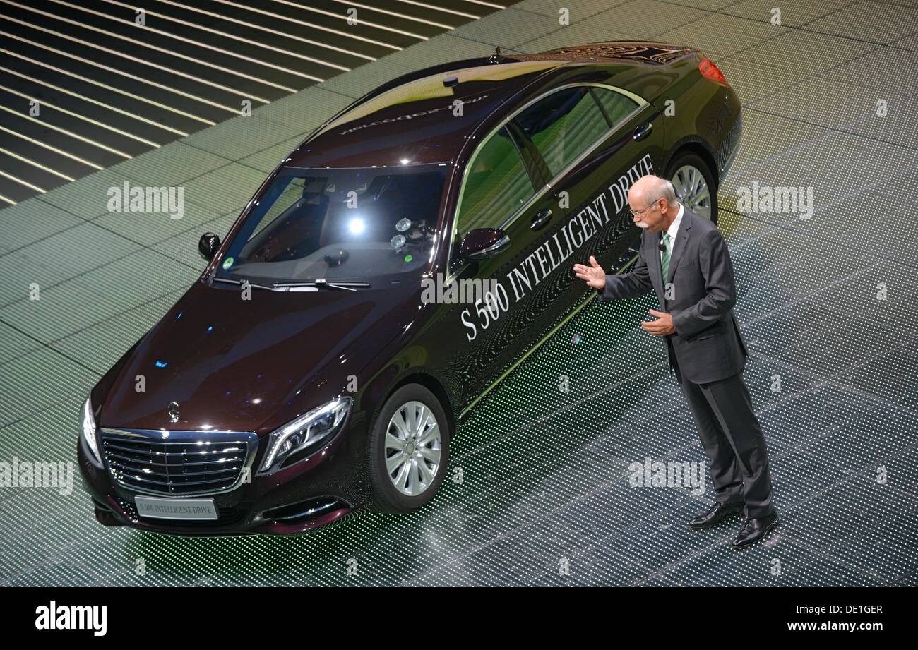 Frankfurt, Germany. 10th Sep, 2013. Chairman Dieter Zetsche presents the new S 500 Intelligence Drive at the Mercedes Benz stand during the press day of the Frankfurt Motor Show IAA in Frankfurt, Germany, 10 September 2013. One of the most important car exhibitions in the world, Frankfurt Motor Show will be opened officially 12 September by German Chancellor Angela Merkel, running until 22 September 2013. Photo: UWE ZUCCHI/dpa/Alamy Live News/dpa/Alamy Live News Stock Photo