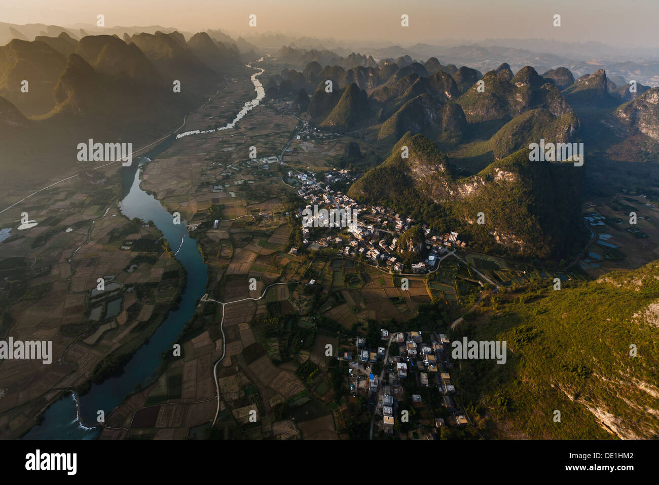 Aerial view of Li River valley towns and karst peaks in Henan Province China Stock Photo