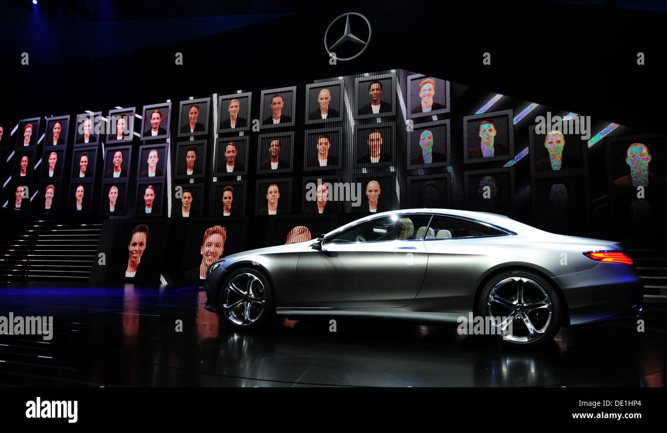 Frankfurt, Germany. 10th Sep, 2013. The new Mercedes Concept S-Class Coupe is presented at the Mercedes Benz stand during the press day of the Frankfurt Motor Show IAA in Frankfurt, Germany, 10 September 2013. One of the most important car exhibitions in the world, Frankfurt Motor Show will be opened officially 12 September by German Chancellor Angela Merkel, running until 22 September 2013. Photo: DANIEL REINHARDT/dpa/Alamy Live News Stock Photo