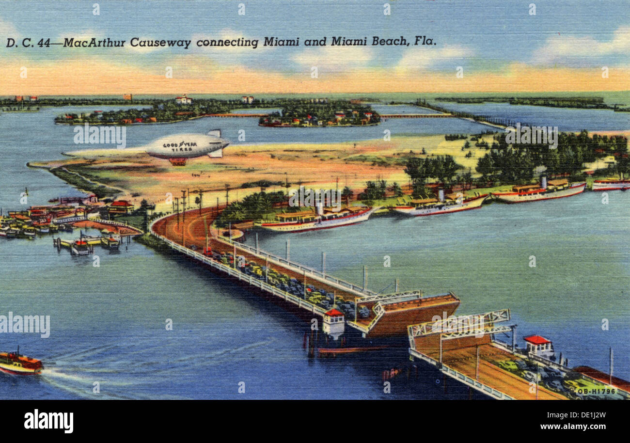 MacArthur Causeway connecting Miami and Miami Beach, Florida, USA, 1940. Artist: Unknown Stock Photo