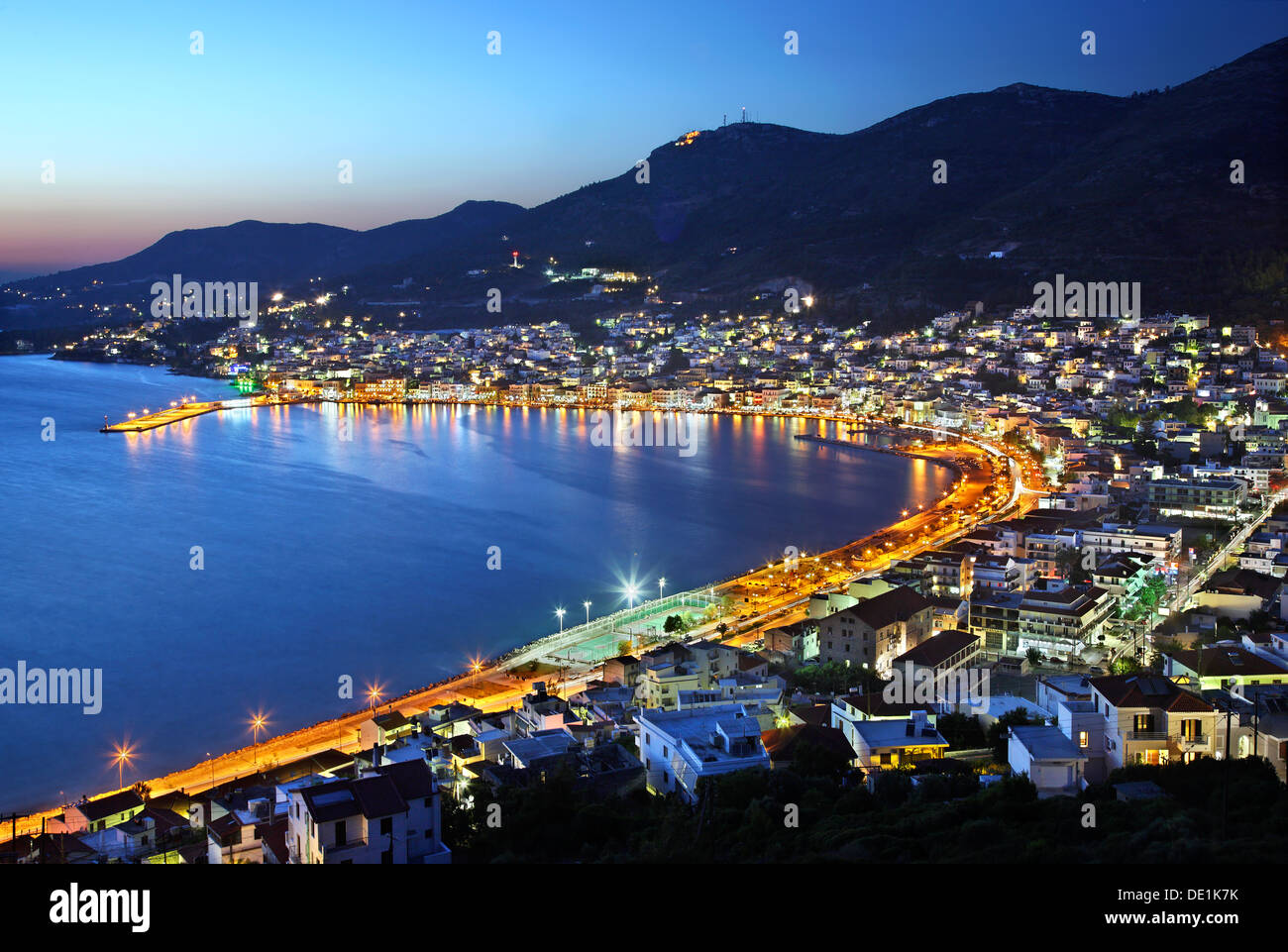 Panoramic night view of Samos town ("Vathi"), Samos island, Aegean