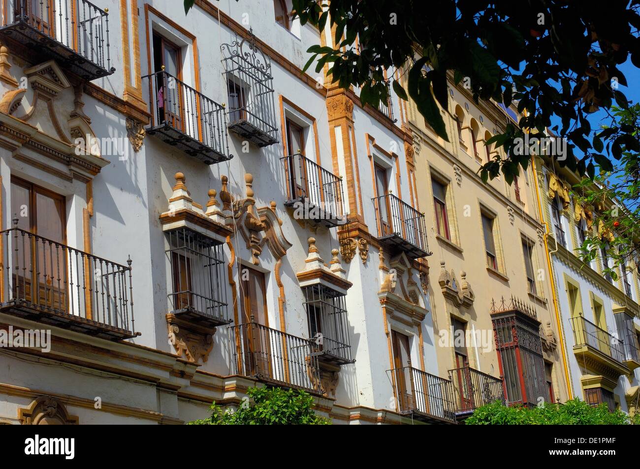 Typical façades, Santa Cruz neighborhood, Seville, Andalusia, Spain ...