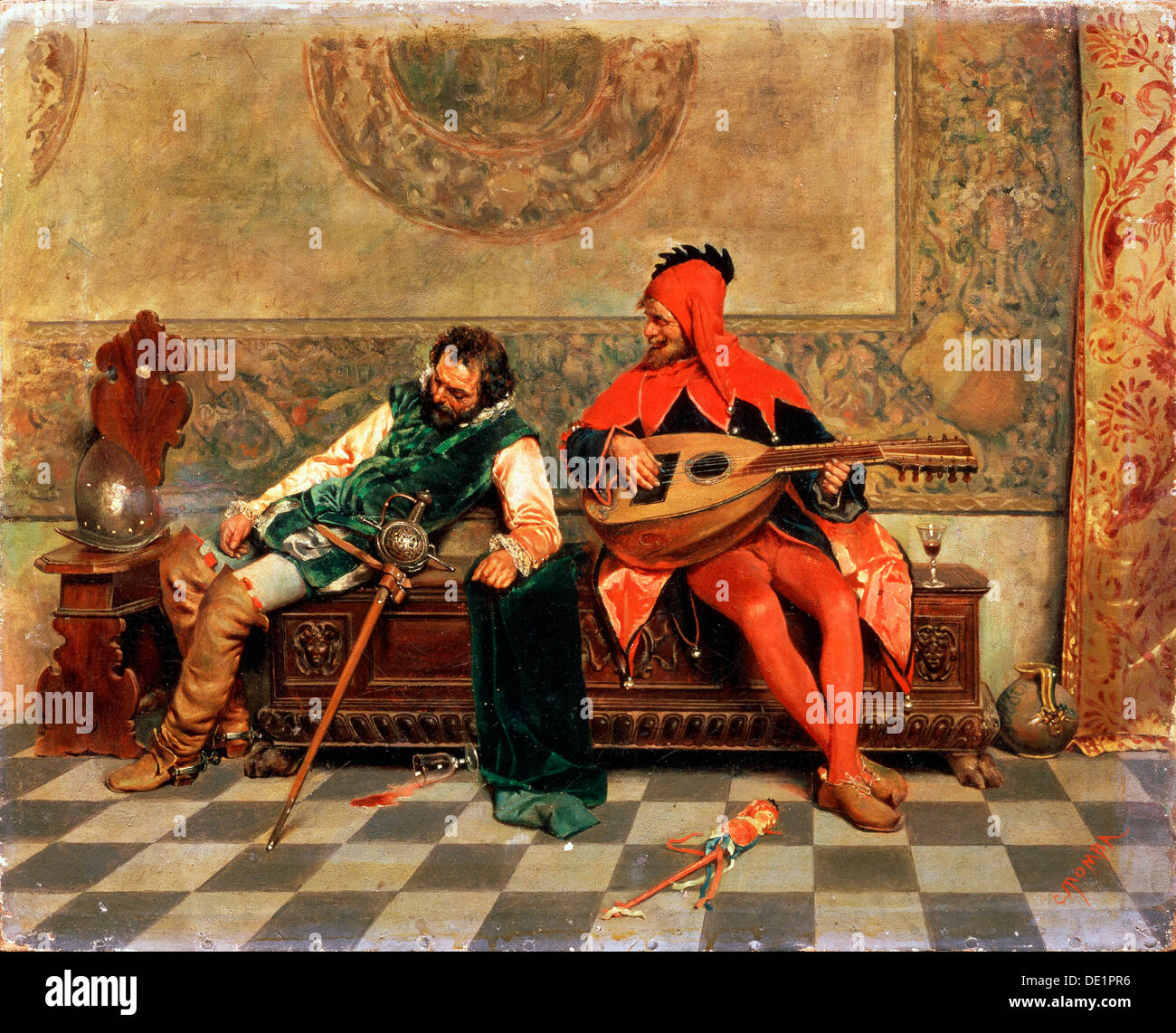 'Drunk Warrior and Court Jester', Italian painting of 19th century.  Artist: Casimiro Tomba Stock Photo