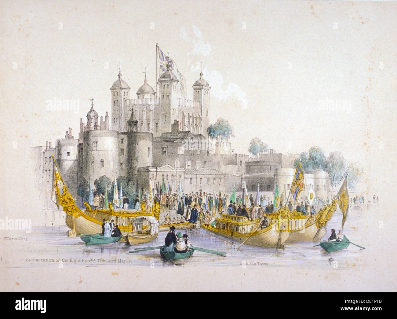 Lord Mayor Thomas Johnson and his entourage embarking from the Tower of London, 1840. Artist: William Parrott Stock Photo