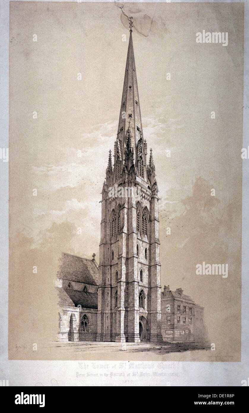 Tower of the Church of St Matthew, Great Peter Street, Westminster, London, 1850. Artist: Day & Son Stock Photo