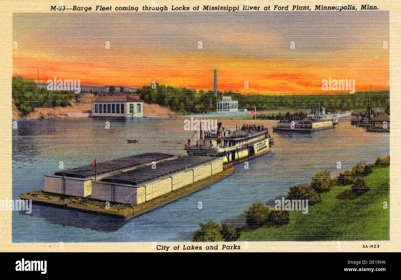 Barges on the Mississippi River at the Ford Plant, Minneapolis, Minnesota, USA, 1933. Artist: Unknown Stock Photo
