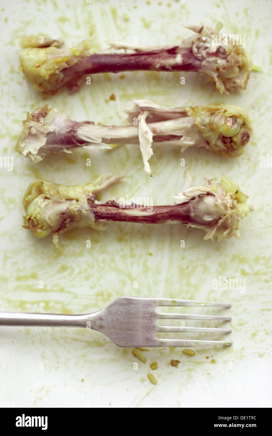 Three chicken bones and fork Stock Photo Alamy