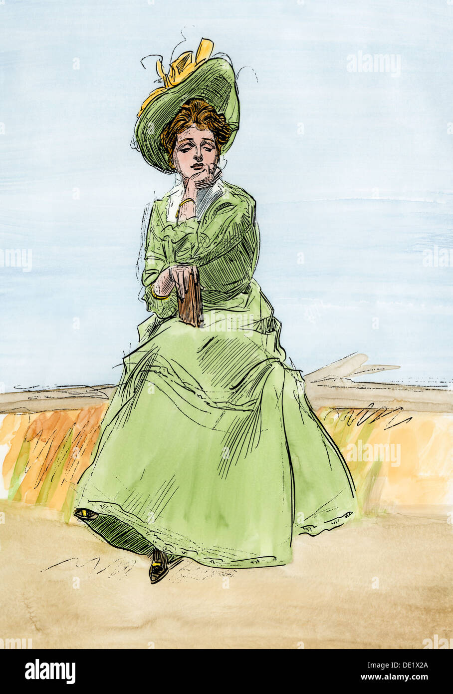 Fashionable young woman daydreaming, circa 1900. Hand-colored woodcut of a Charles Dana Gibson illustration Stock Photo