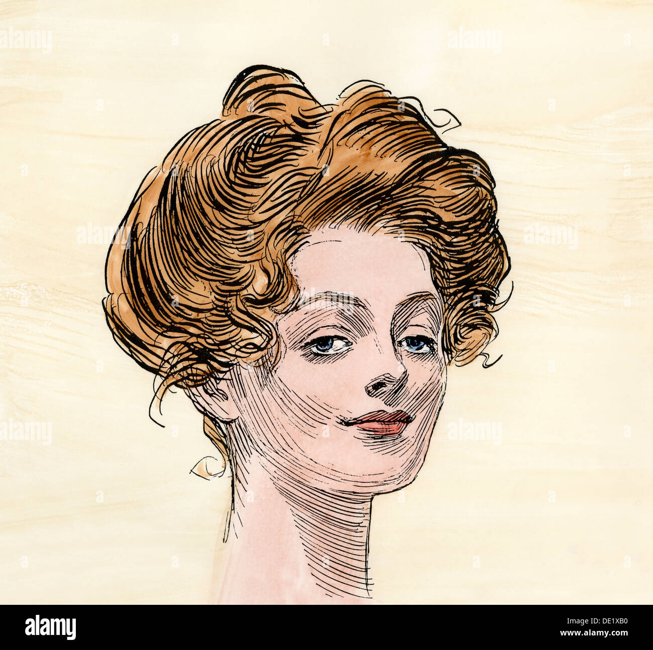 A Classic Gibson Girl Circa 1900 Hand Colored Woodcut Of A