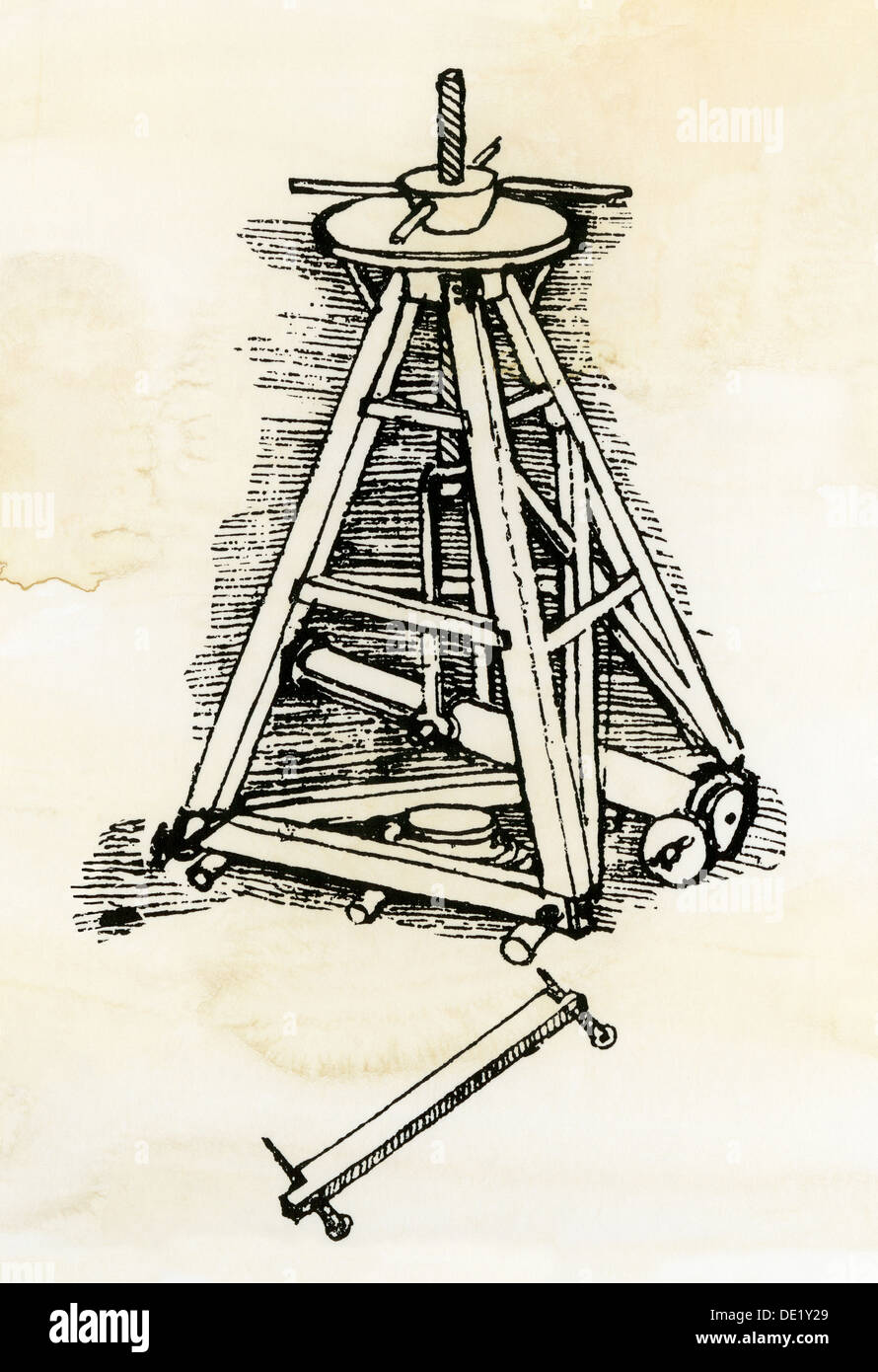 Leonardo da Vinci sketch for a machine for lifting marble or stone columns into position. Woodcut with a watercolor wash Stock Photo
