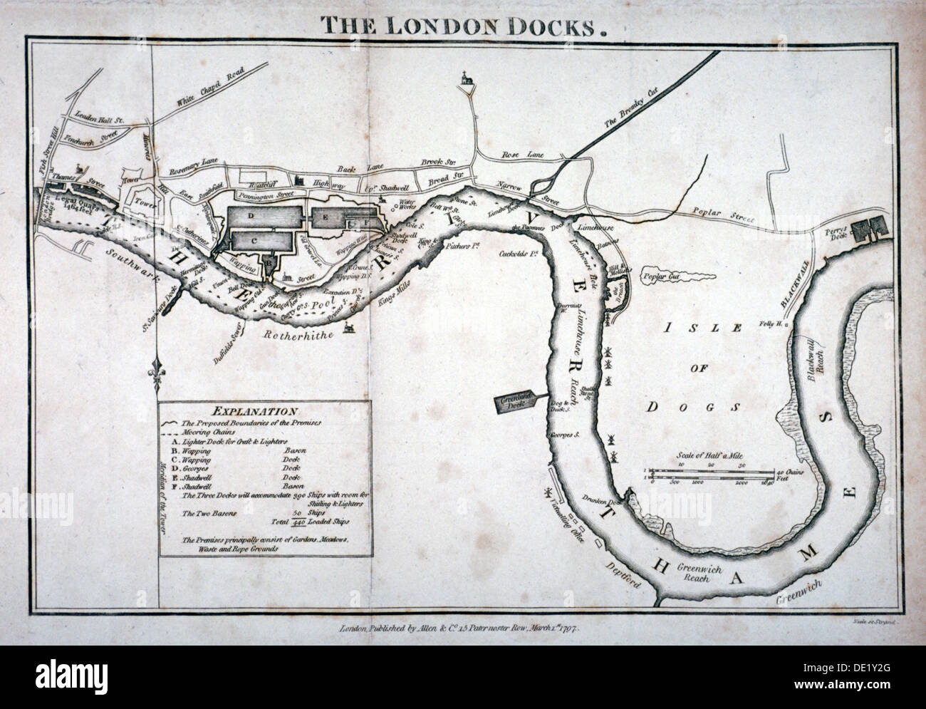 Plan of the River Thames showing the London Docks and the Isle of Dogs, 1797 Artist: Anon Stock Photo